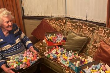 Kindhearted Lily has been knitting chicks for charity for 25 years!