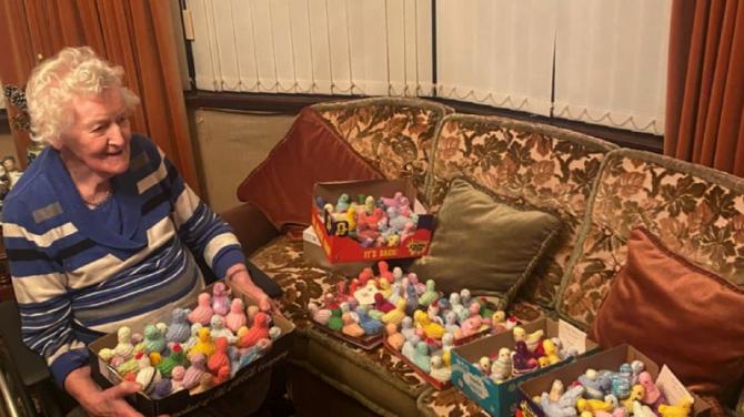 Kindhearted Lily has been knitting chicks for charity for 25 years!